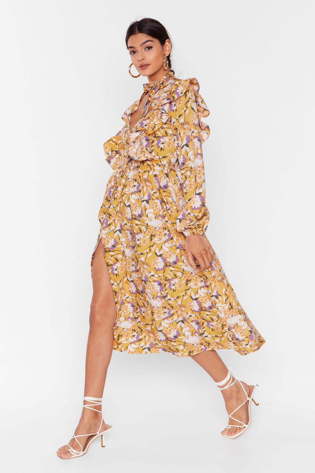Mustard Floral You Know Ruffle Midi Dress image number 1