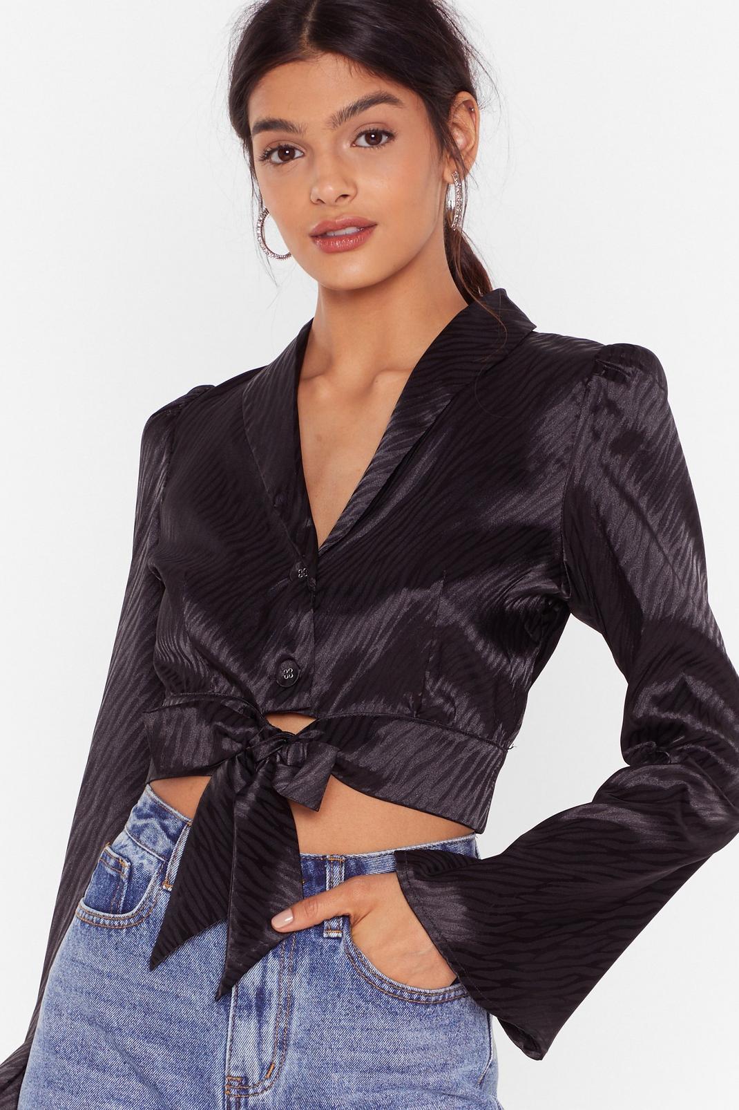 Front Satin Cropped Blouse with Flare Sleeves image number 1