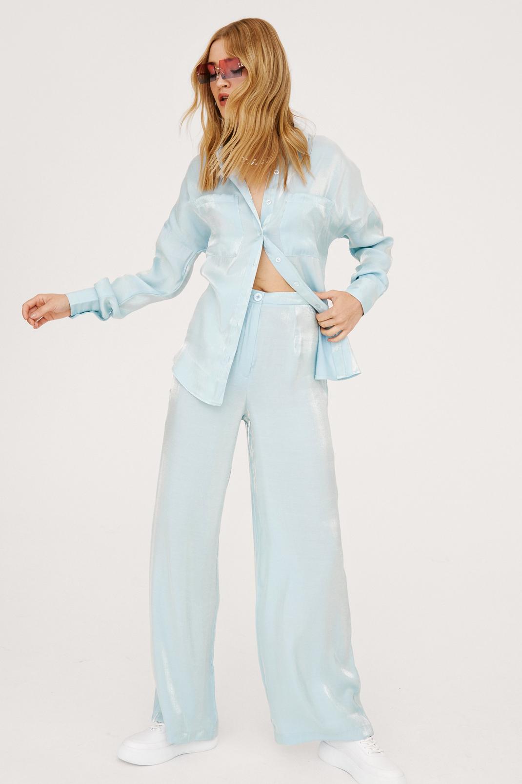 Blue Satin High Waisted Wide Leg Trousers image number 1