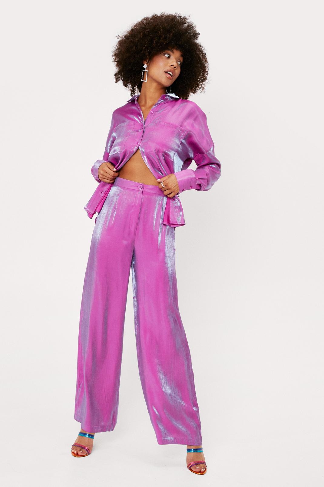 Purple Satin High Waisted Wide Leg Trousers image number 1