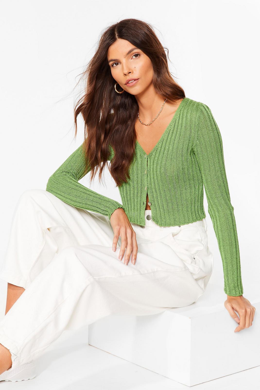 Lime Ribbed Button-Down Cropped Cardigan image number 1