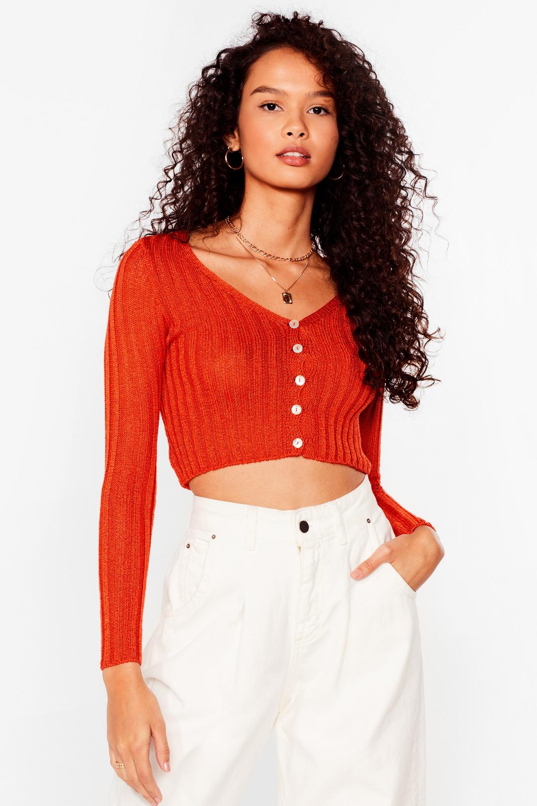 Orange Ribbed Button-Down Cropped Cardigan image number 1