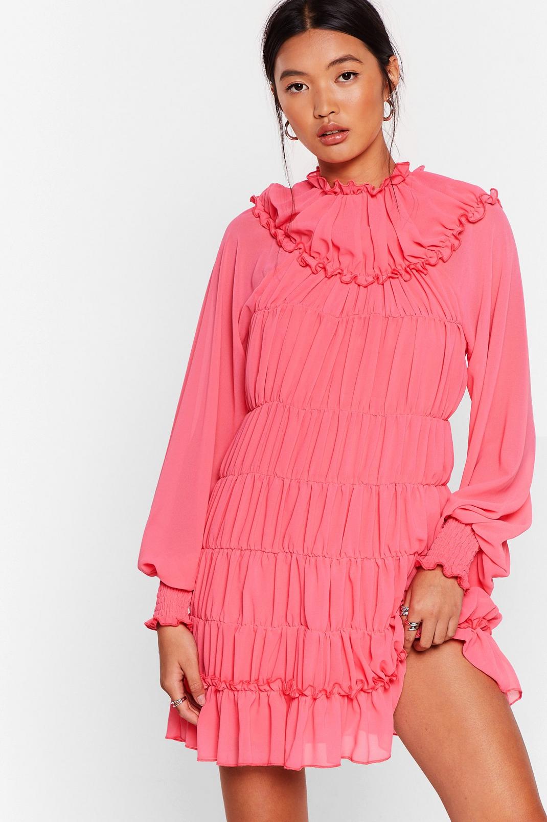 Pink Chiffon High Neck Long Sleeve Mini Dress image number 1