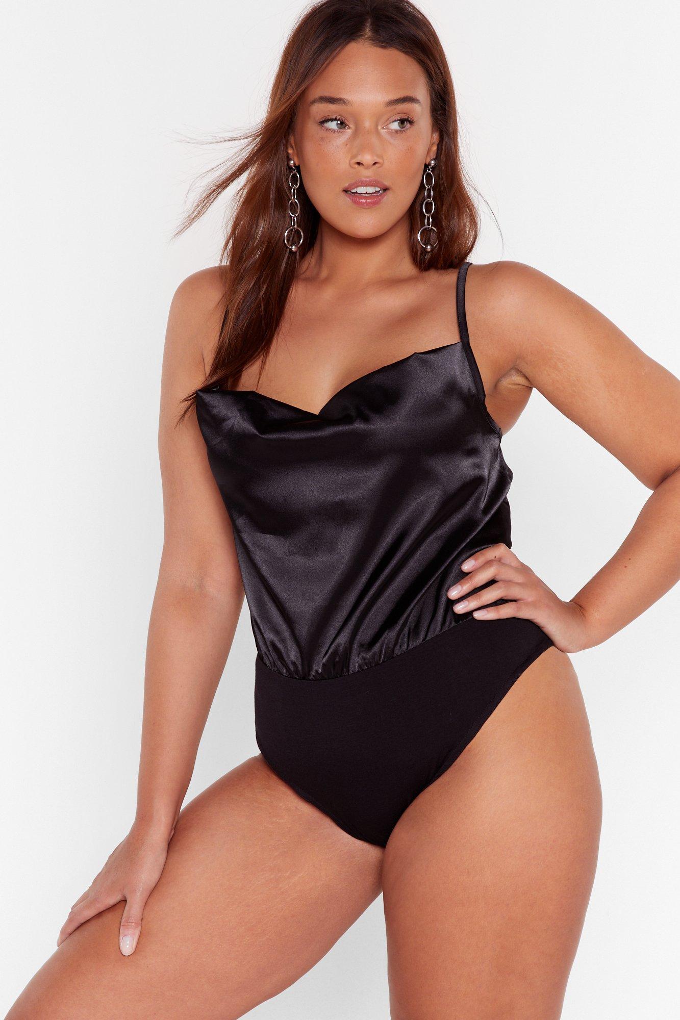 Satin Plus Size Bodysuit with Cowl Neckline