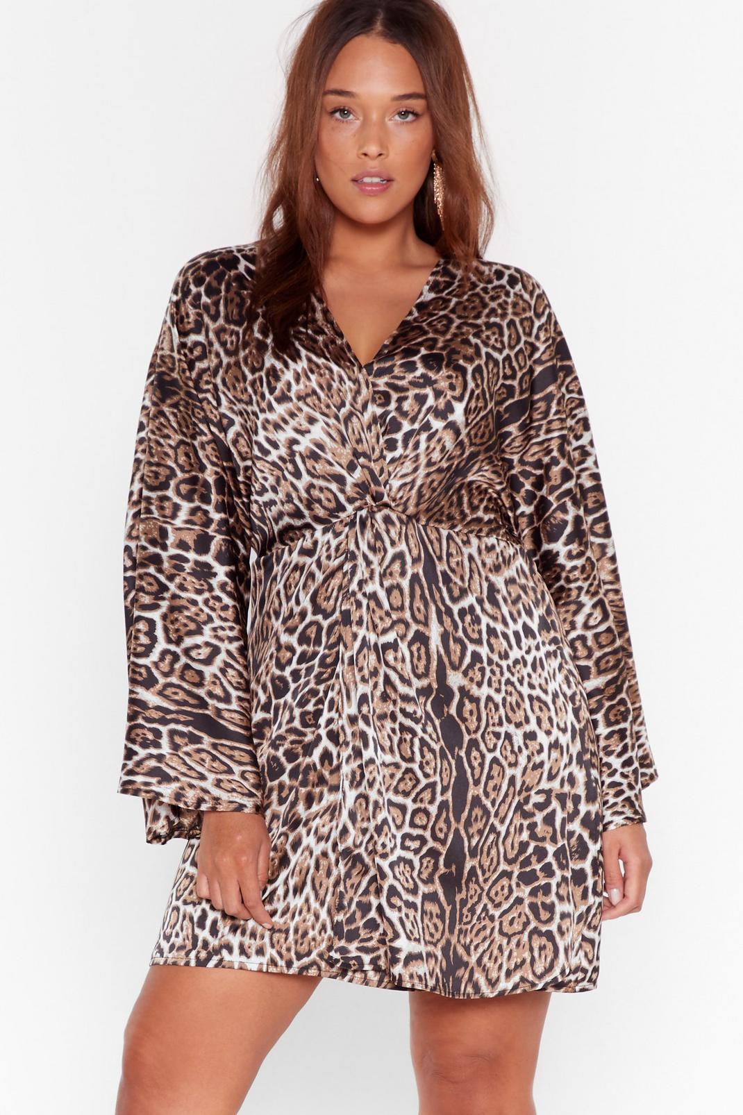 Plus Size Leopard Mini Dress in Satin with V-Neckline image number 1