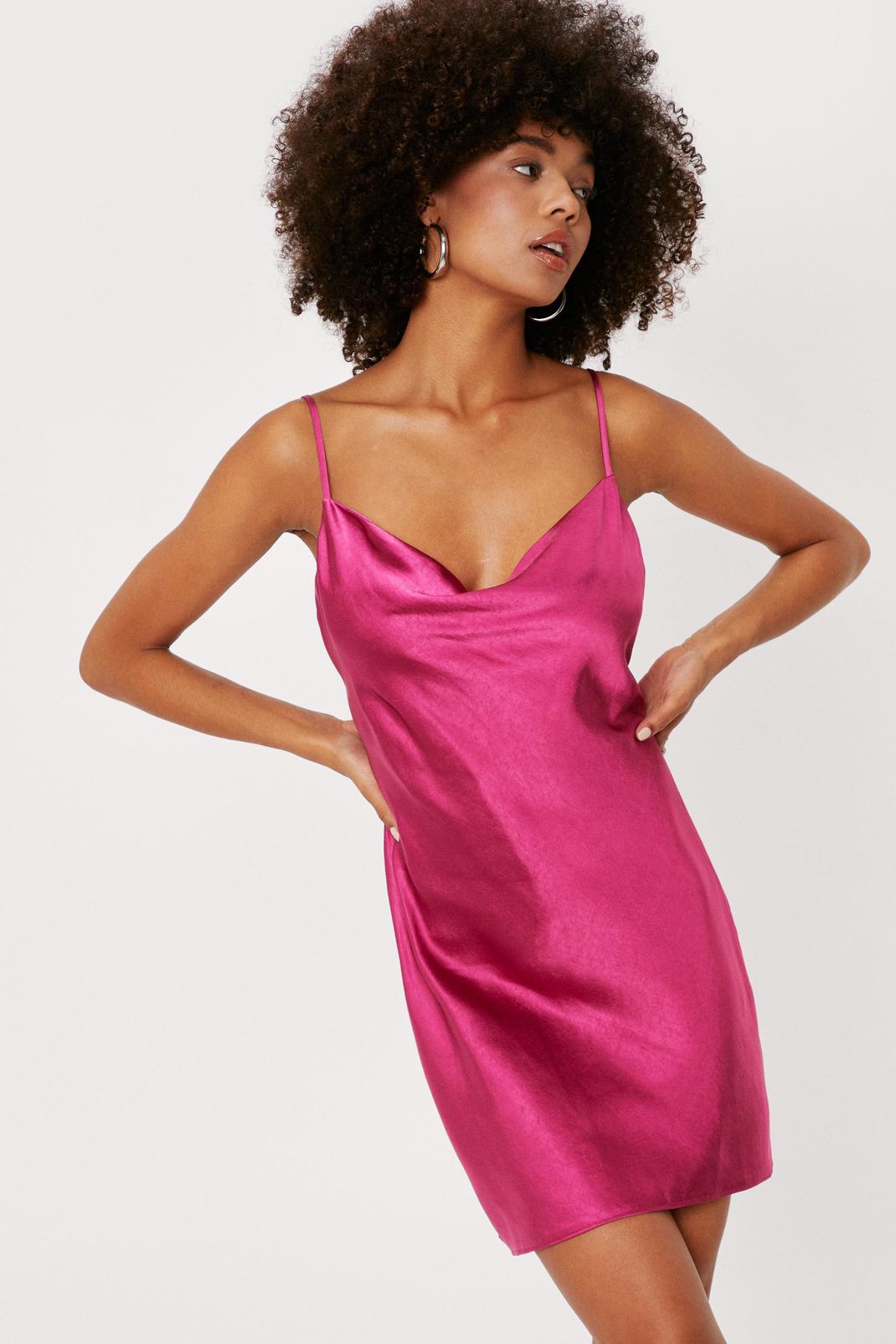 Hot pink Cowl Neck Satin Mini Dress image number 1