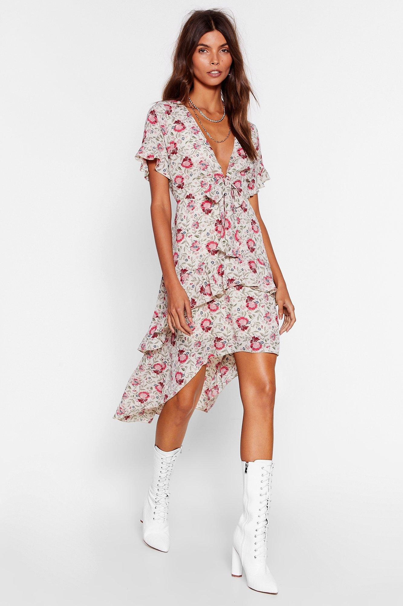 Floral V Neck High Low Midi Dress