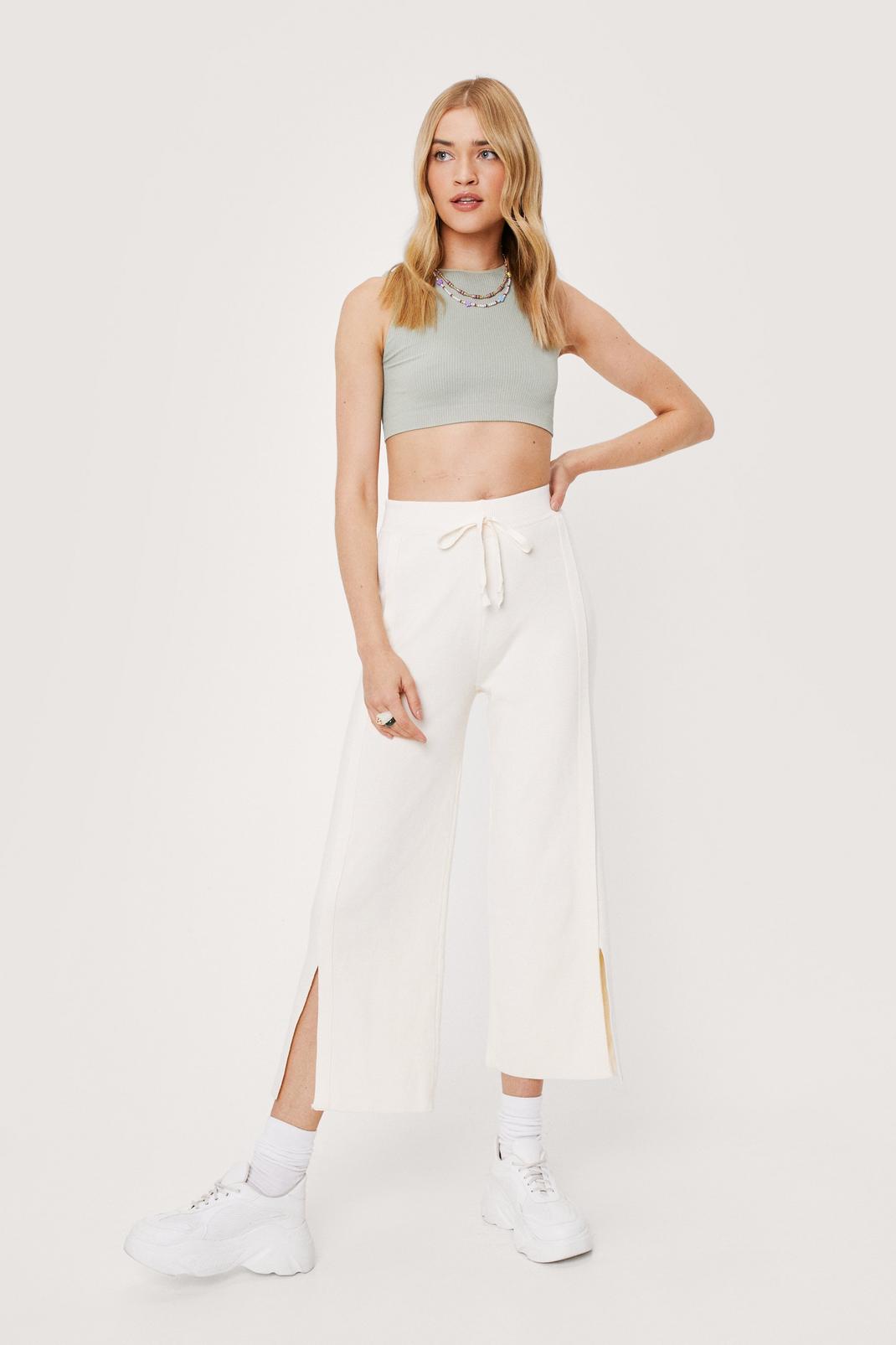 Ribbed Wide Leg Slit Knit Trousers