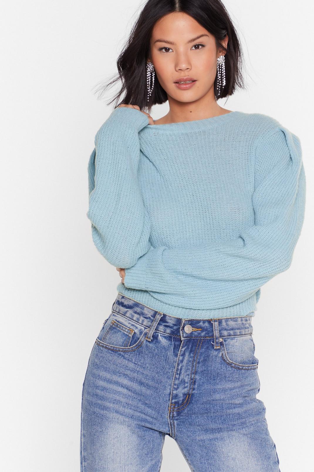 Blue Crew Neck Puff Sleeve Sweater image number 1