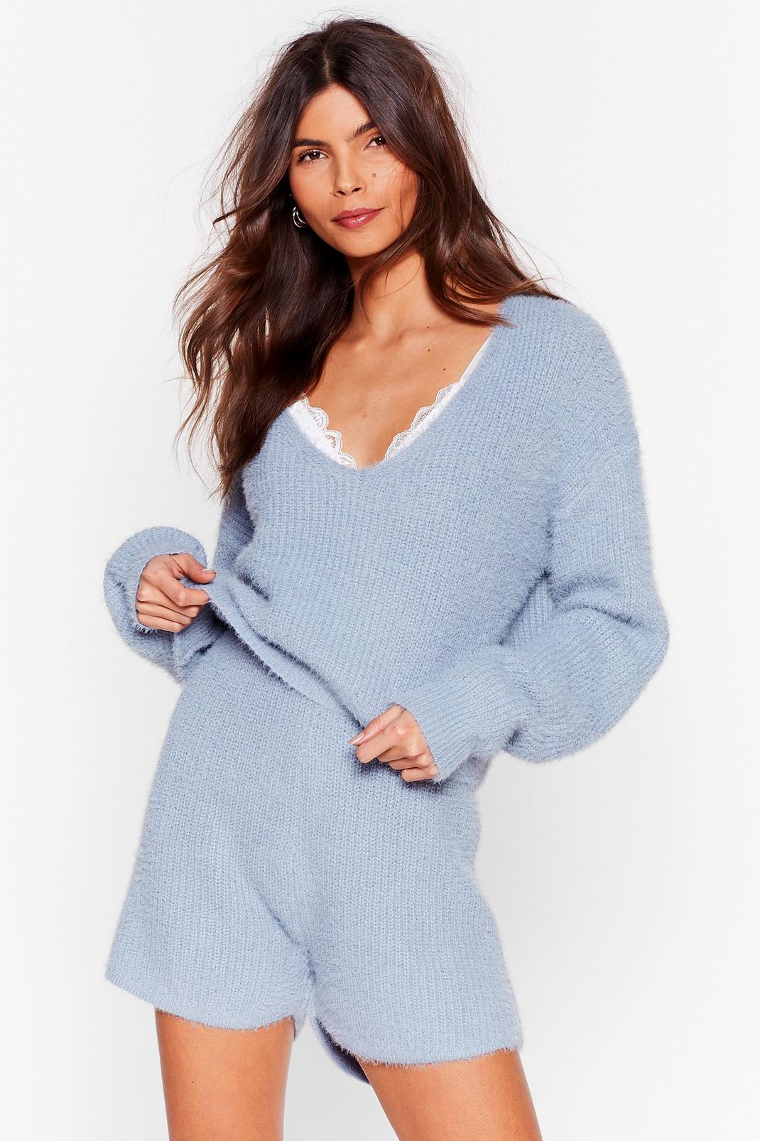 Blue Fluffy Knit Jumper and Shorts Loungewear Set image number 1