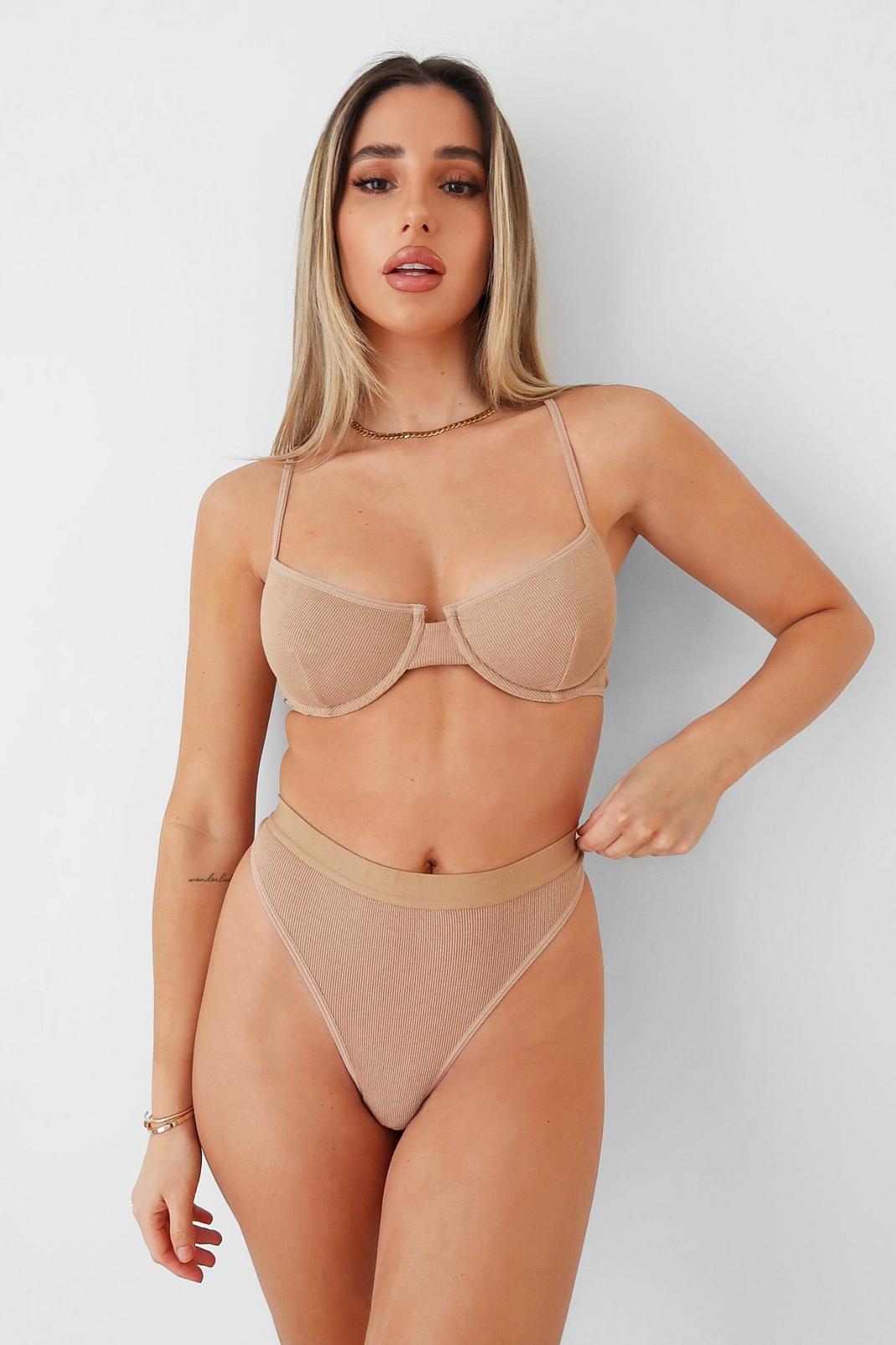 Oatmeal Underwire Bralette and High Waisted Thong Set image number 1