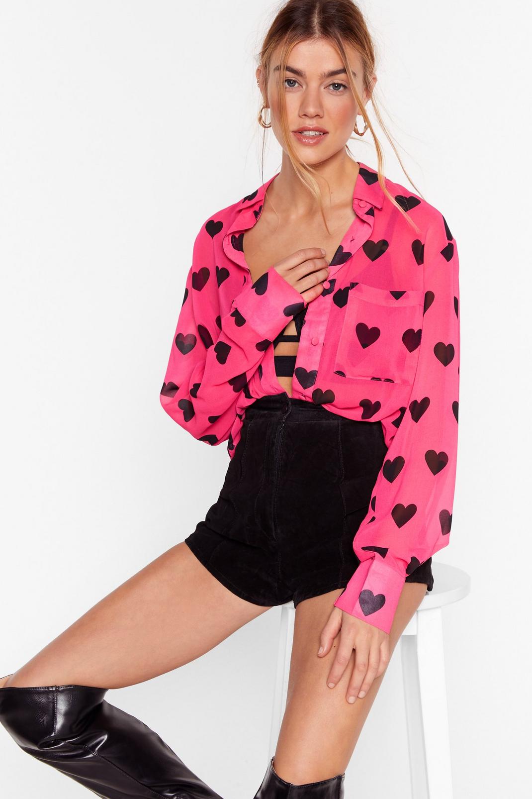 Pink Chiffon Heart Print Button Down Shirt image number 1