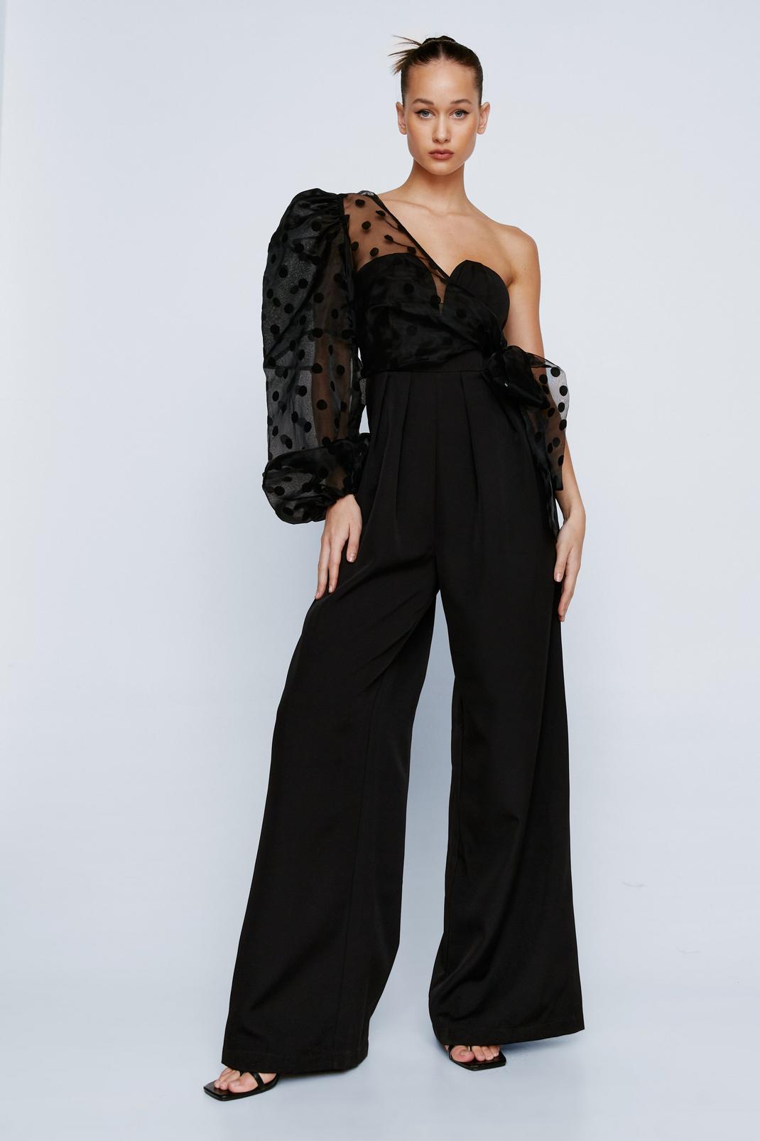 Black Catch a Chill Organza Polka Dot Jumpsuit image number 1