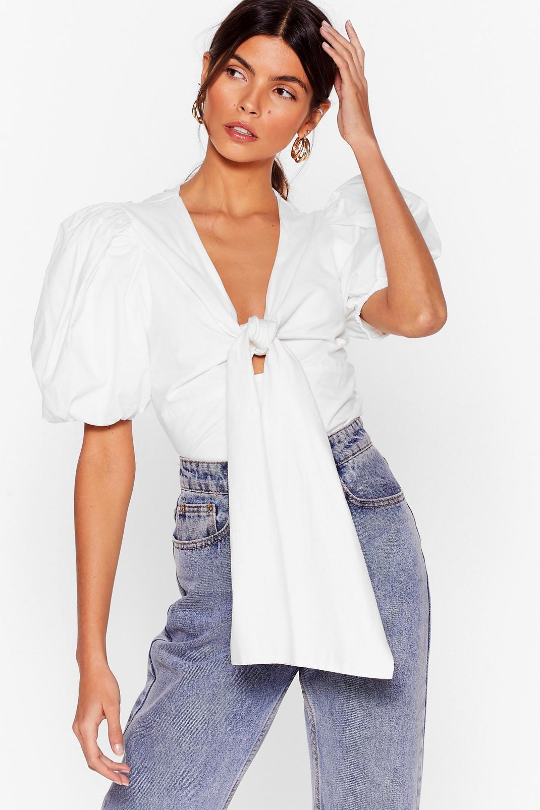 White Puff Be Love Tie Blouse image number 1
