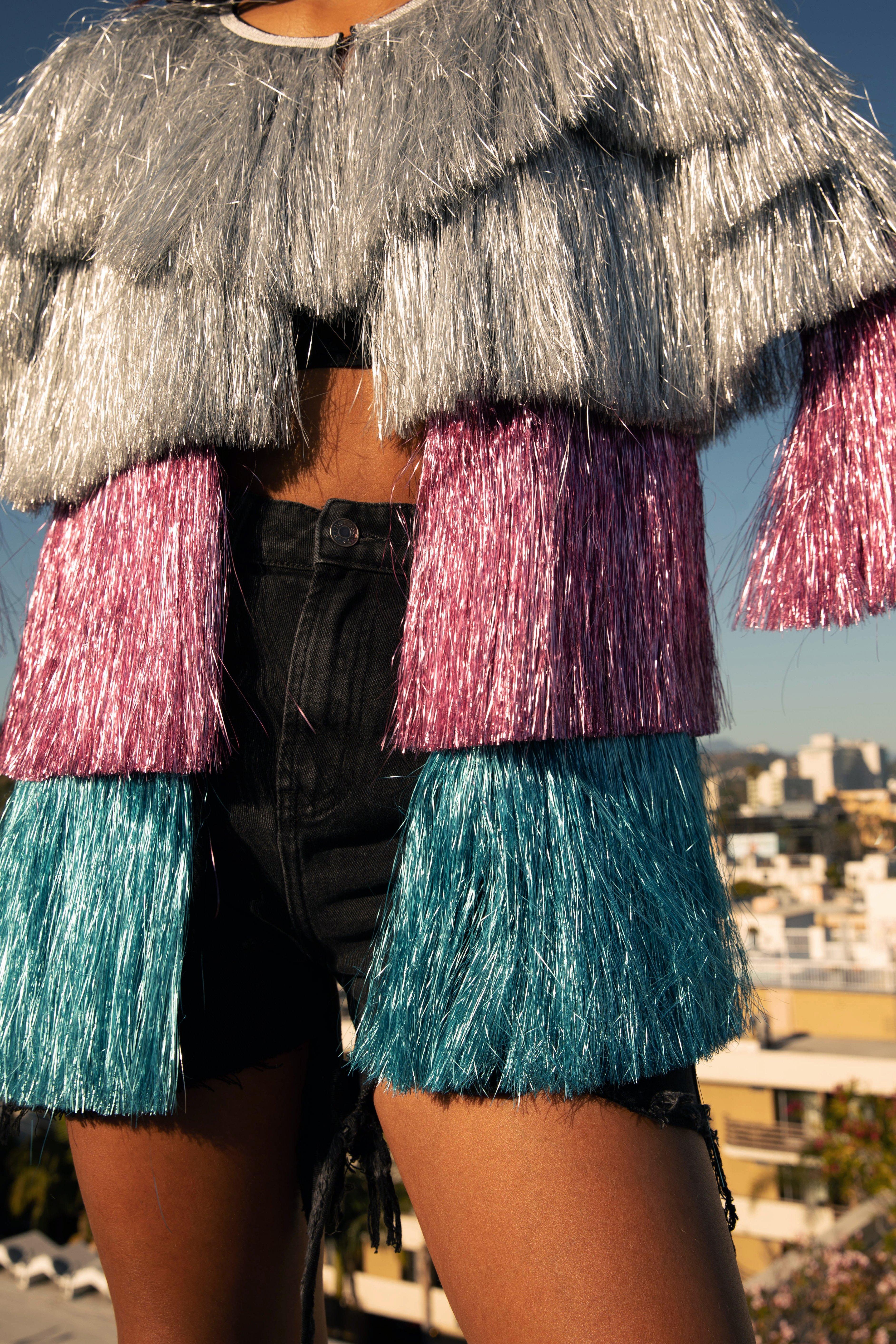 Multi colored fringe jacket sale