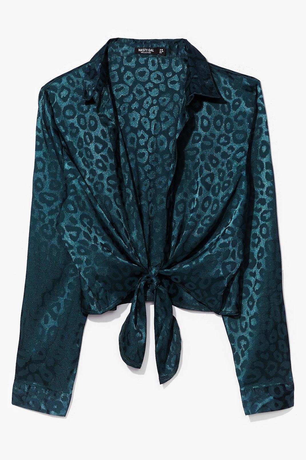 Green Leopard Satin Jacquard Tie Front Blouse image number 1