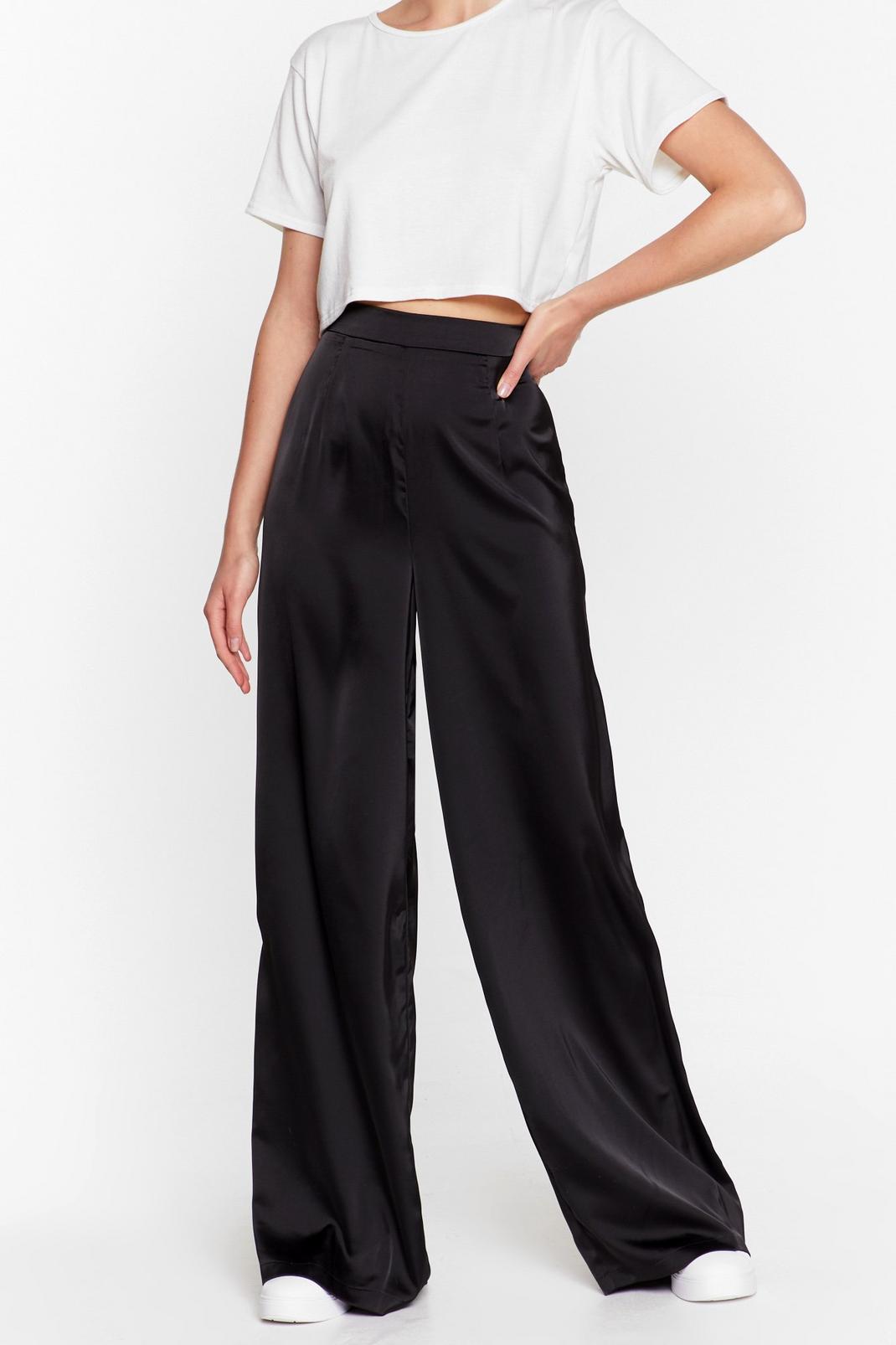 Black Flowy Satin Wide Leg Trousers image number 1