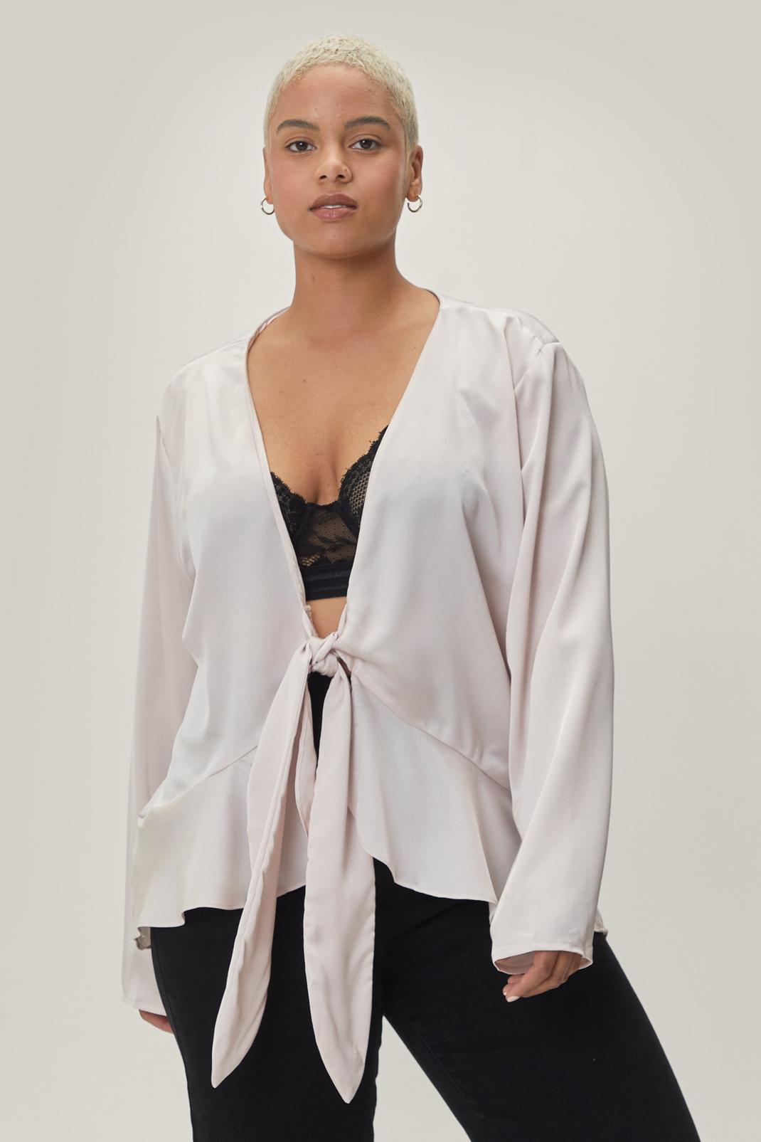 Oyster Plus Size Tie Front Satin Blouse image number 1