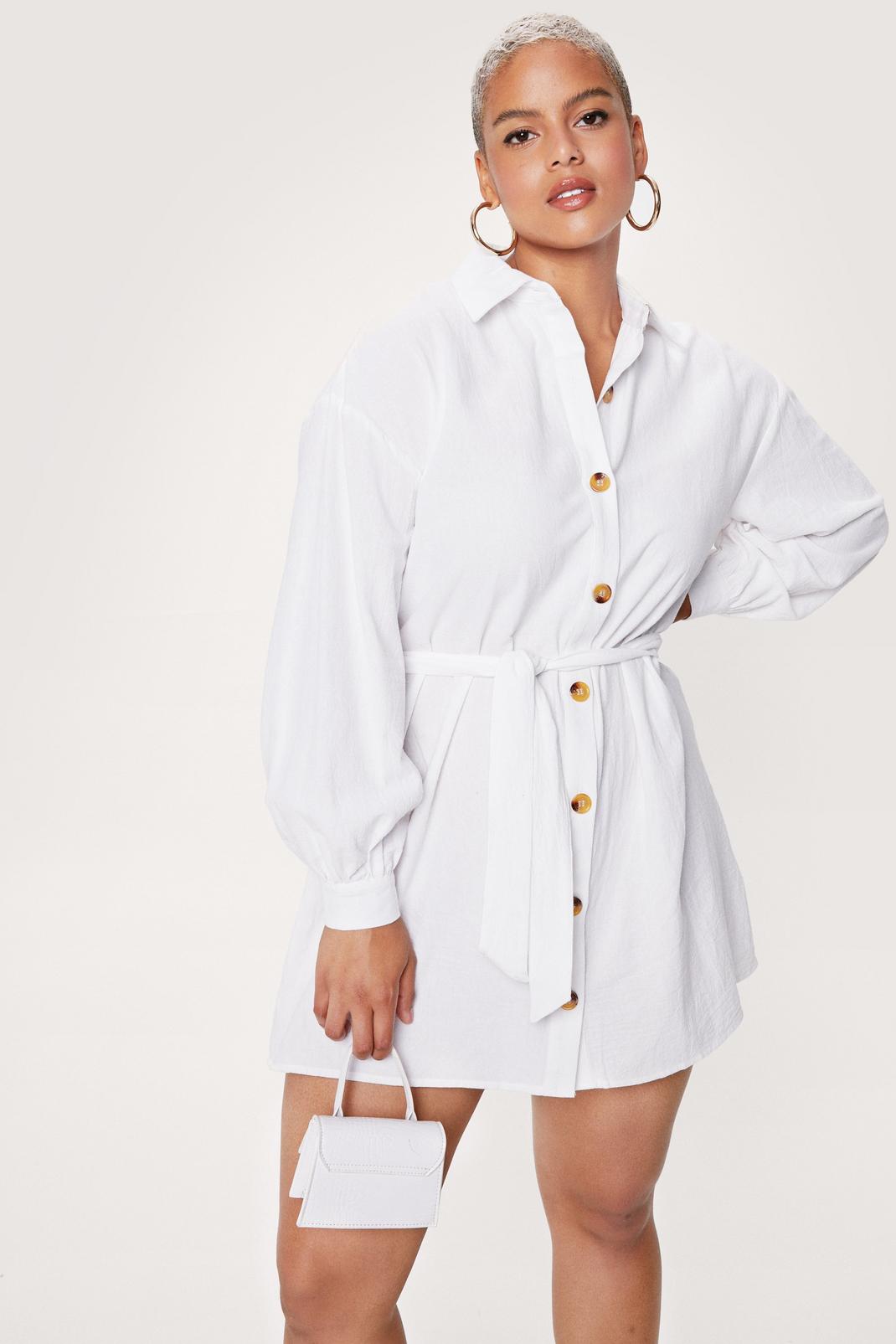 White Plus Size Belted Mini Shirt Dress image number 1