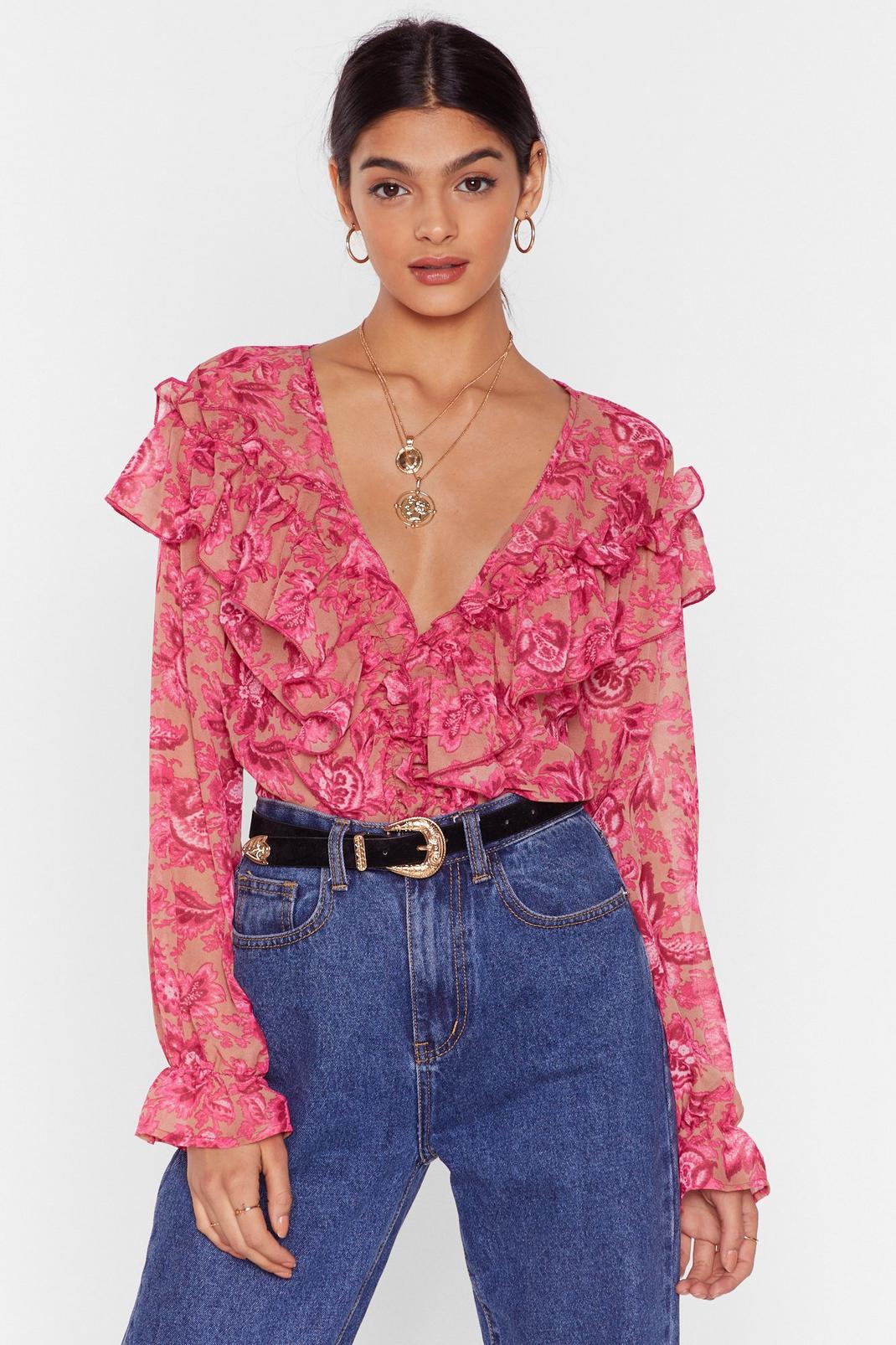 Pink Cause a Stir Floral Ruffle Blouse image number 1