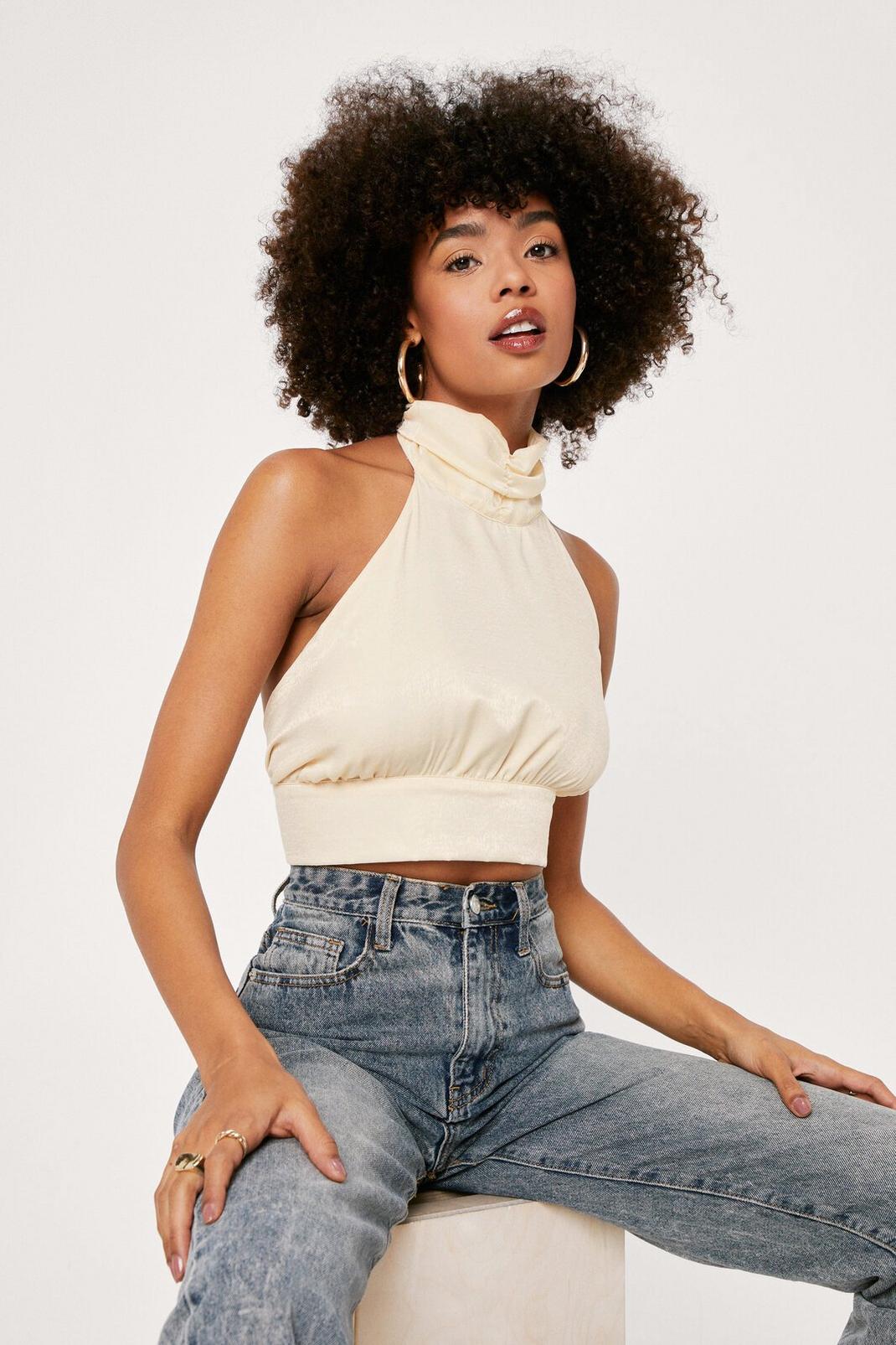 Ruched Halter Neck Satin Crop Top | Nasty Gal