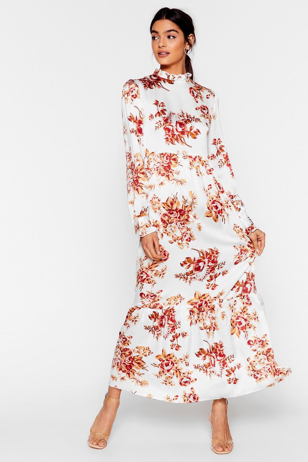 White Floral High Neck Maxi Dress image number 1