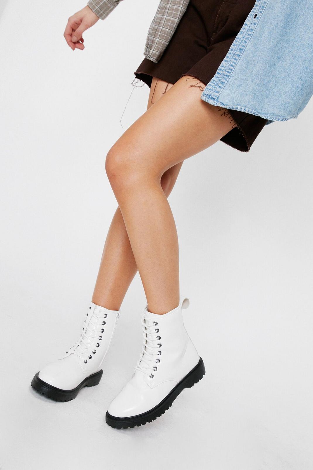 White Faux Leather Lace Up Biker Boots image number 1