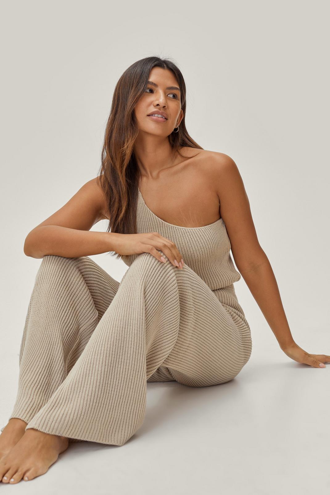 Oatmeal Cropped One Shoulder Top Loungewear Set image number 1