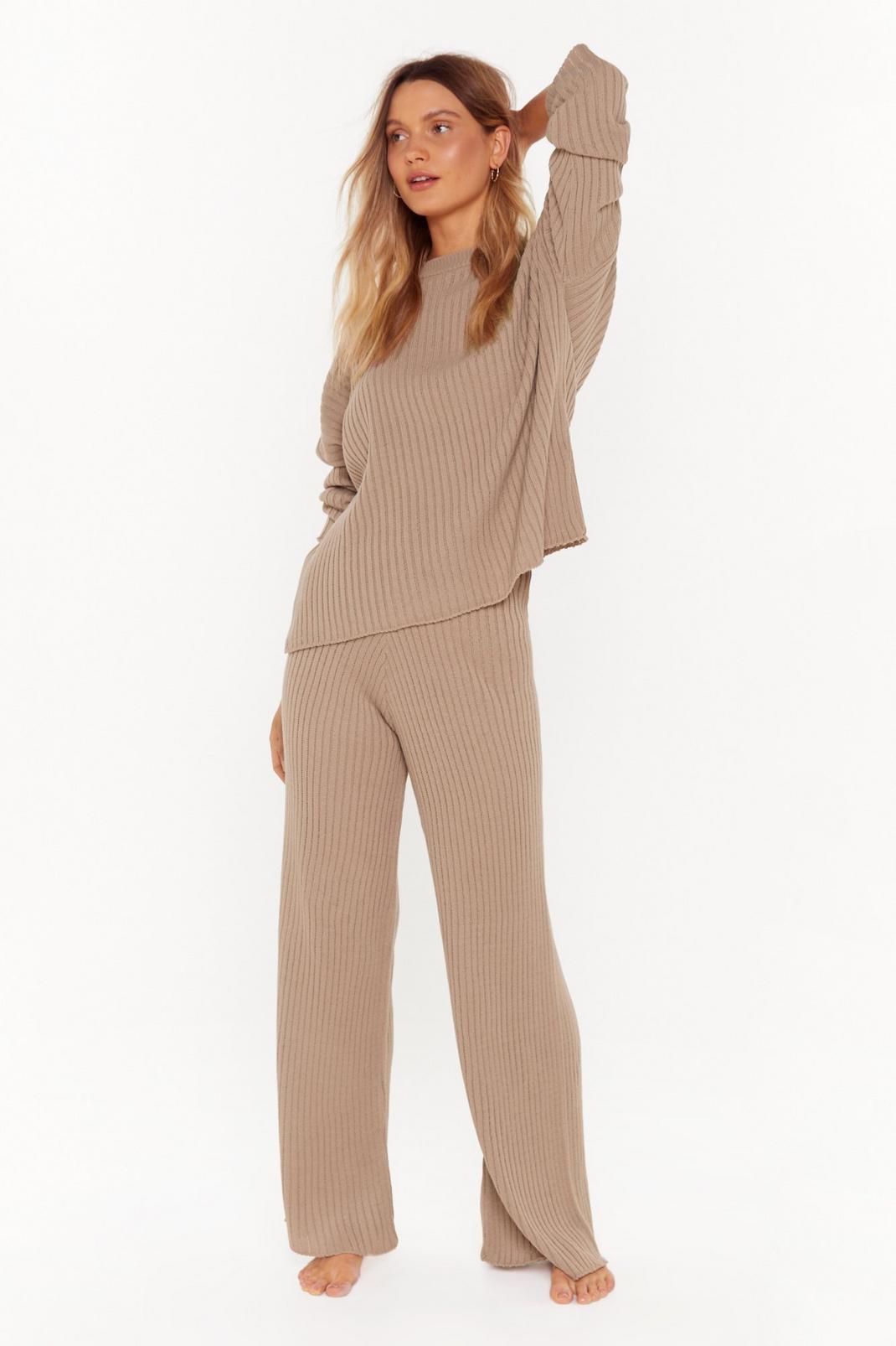 Brown Ribbed Sweater and Pants Lounge Set image number 1