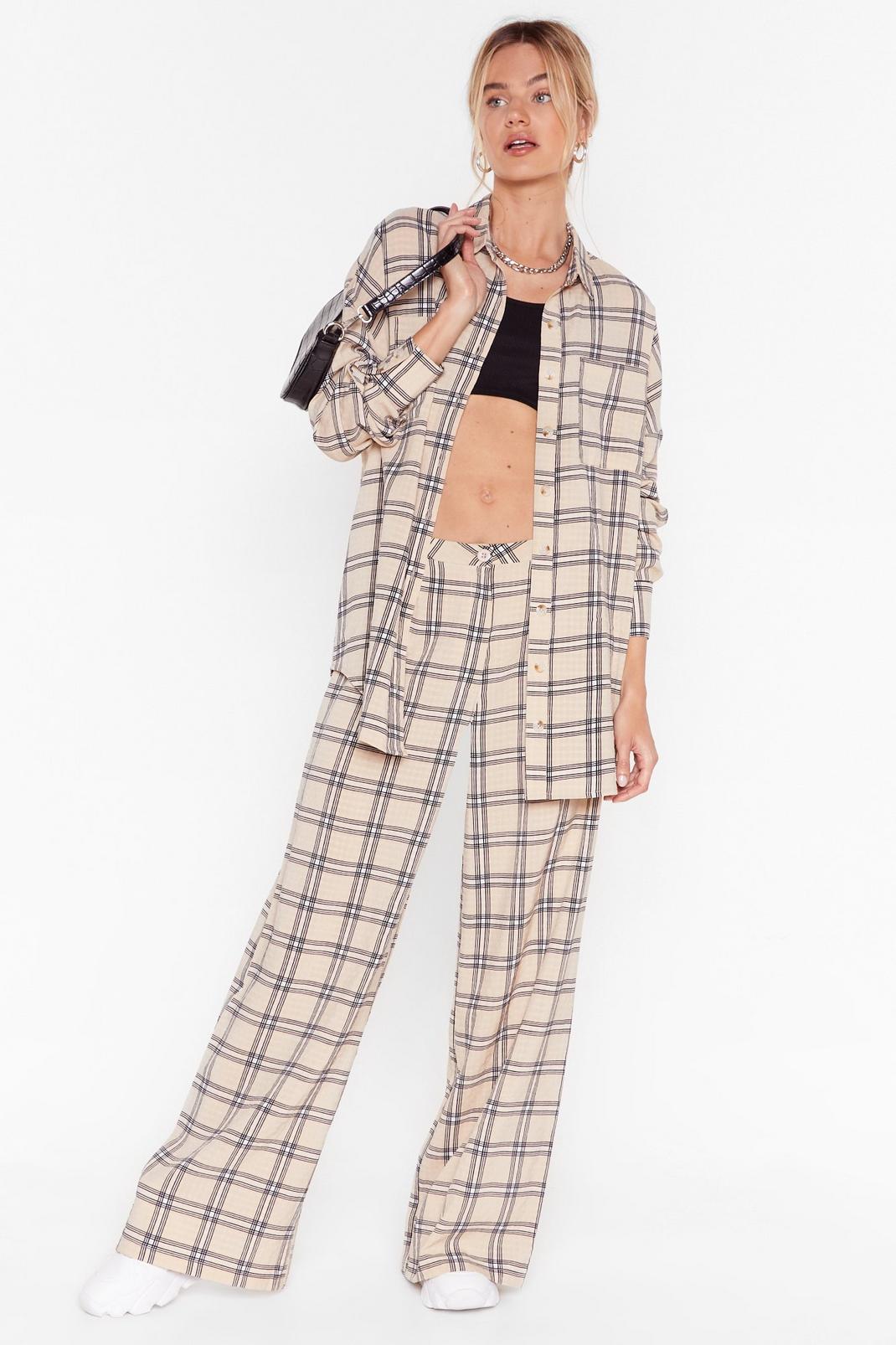 Beige Oversized Check Wide Leg Trousers image number 1