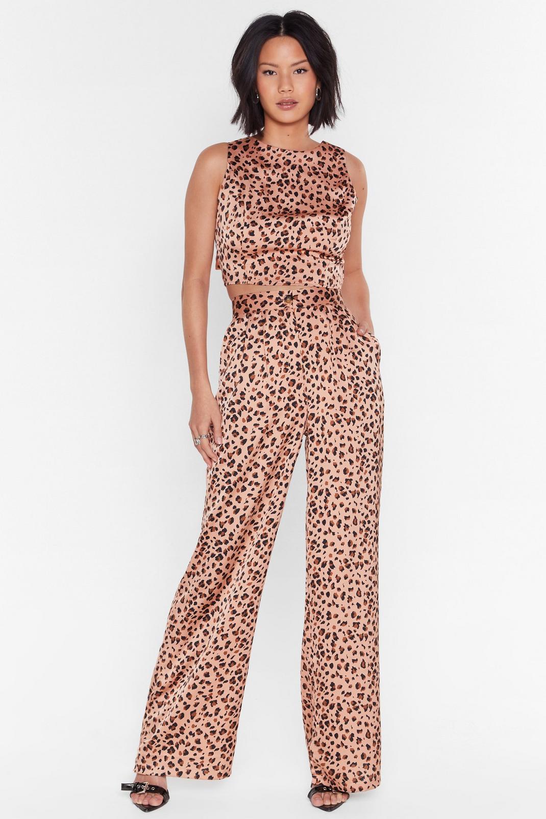 Blush High-Waisted Leopard Satin Pants image number 1