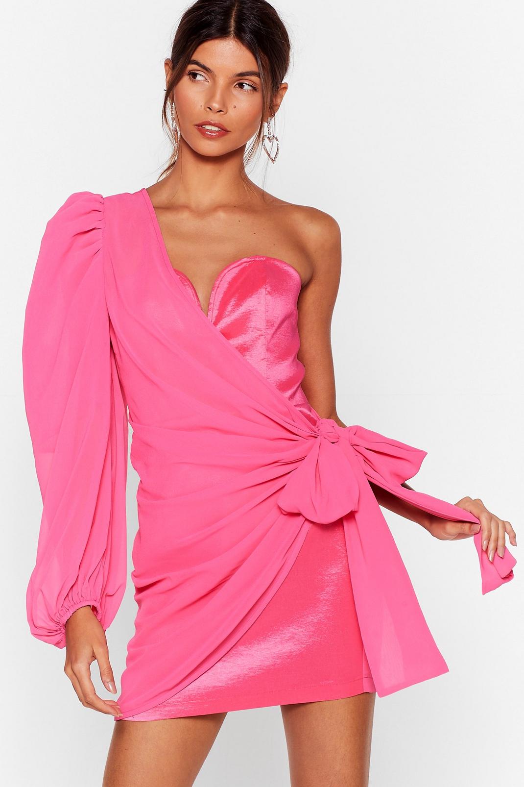 Hot pink One Shoulder Chiffon Wrap  Mini Dress image number 1