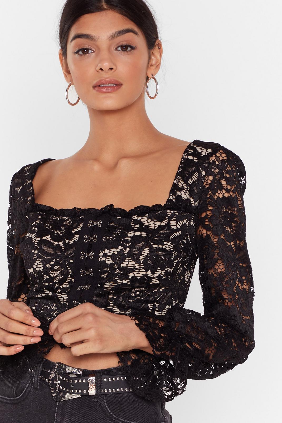 Lace Crop Top with Long Sleeves and Puff Shoulders image number 1