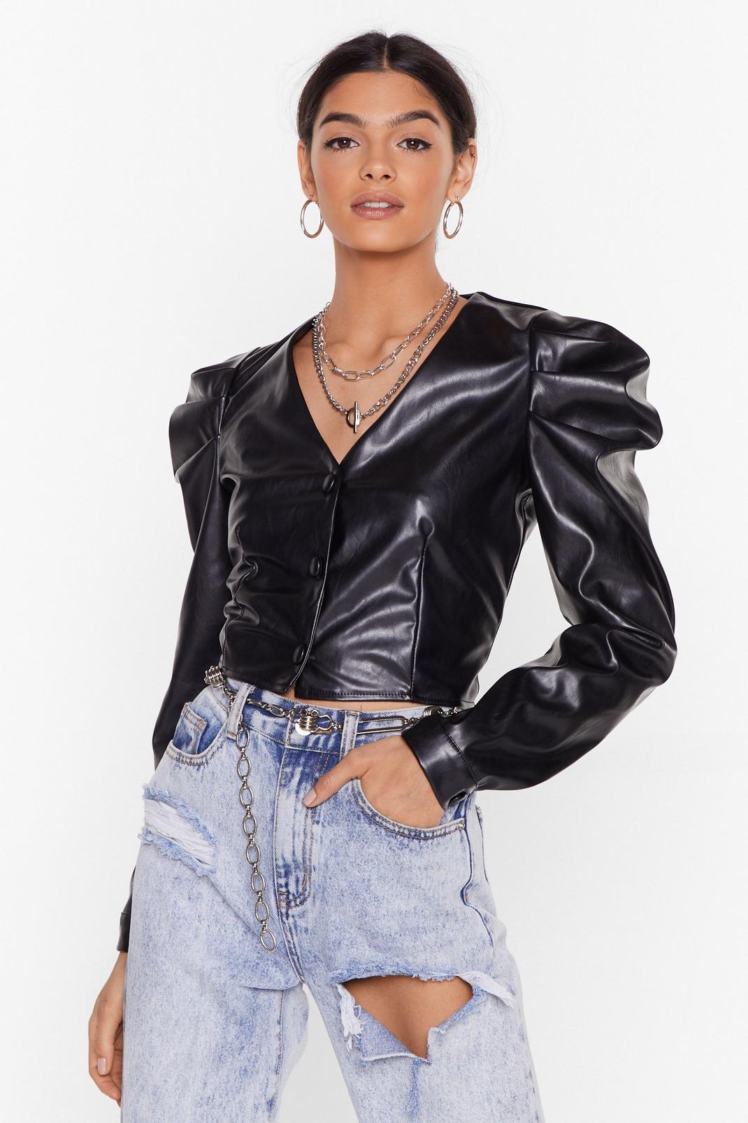 Faux Leather Puff Sleeve Crop Top with V-Neckline image number 1