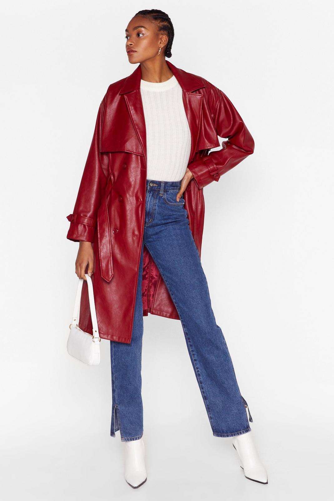 Red Forever and Faux Leather Belted Trench Coat image number 1