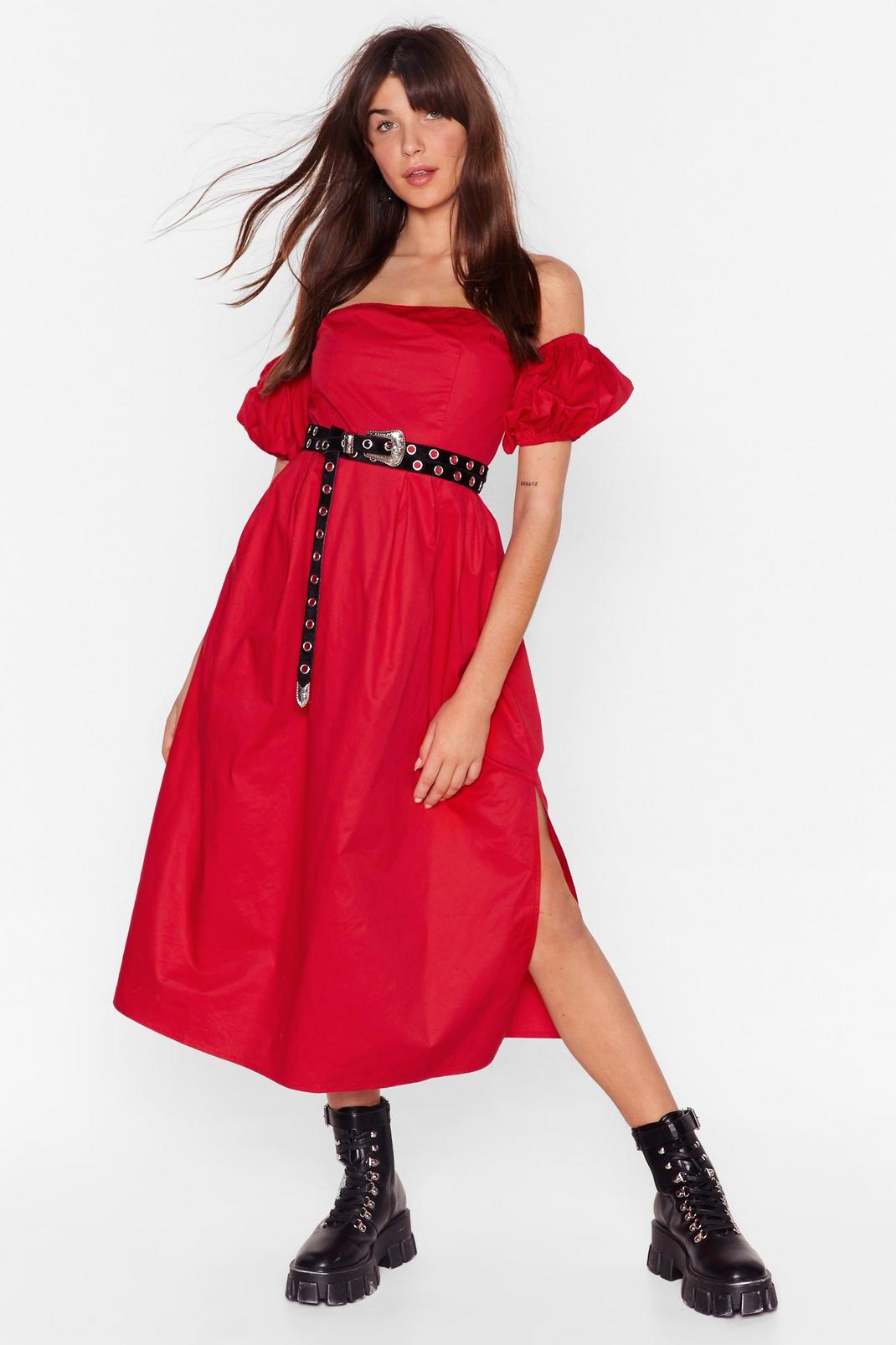 Red Bardot Midi Dress with Puff Sleeves image number 1