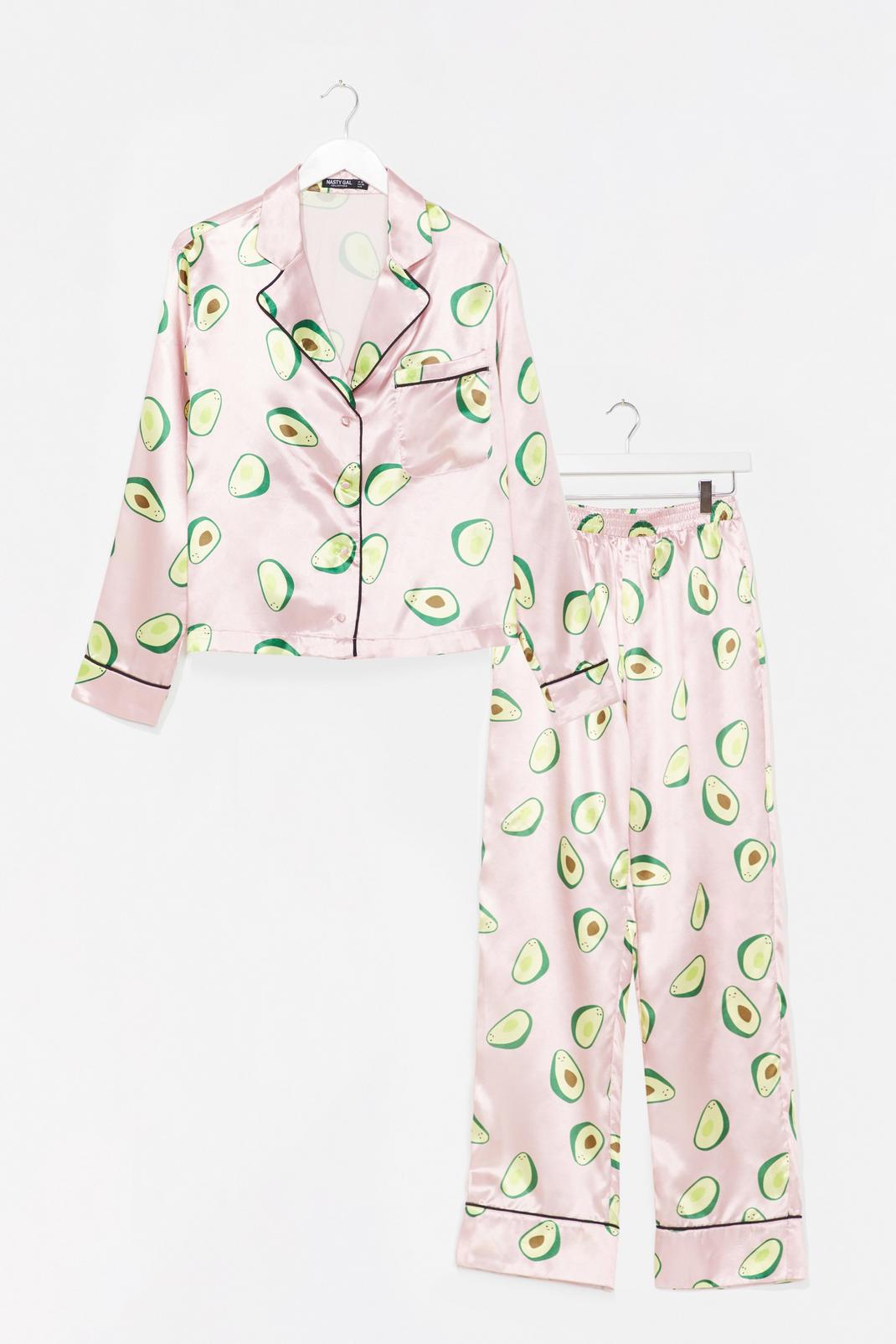 Pink Satin Avocado Print Button Through Pj Trouser Set image number 1