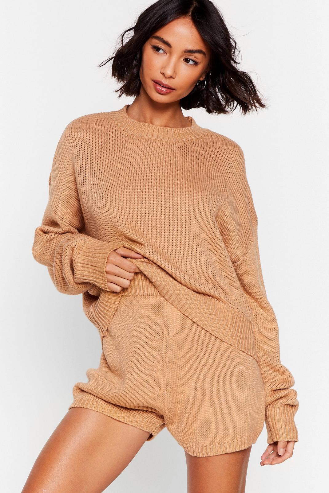 Oatmeal Knitted Jumper and Shorts Ribbed Lounge Set image number 1