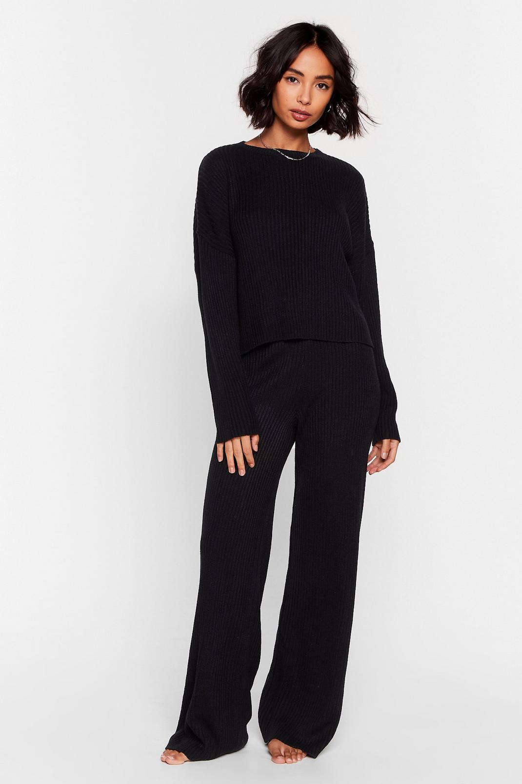 Black Knit Sweater and Wide Leg Loungewear Set image number 1