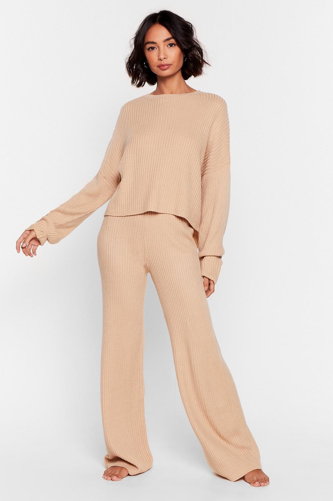 Oatmeal Knit Alone Sweater and Wide-Leg Lounge Set image number 1