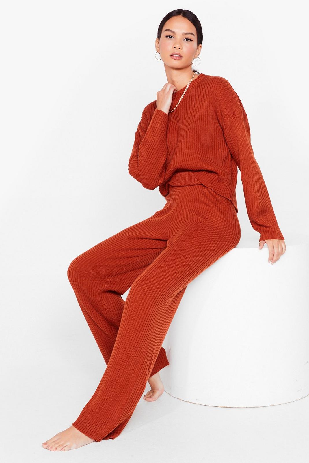 Rust Knit Alone Sweater and Wide-Leg Lounge Set image number 1
