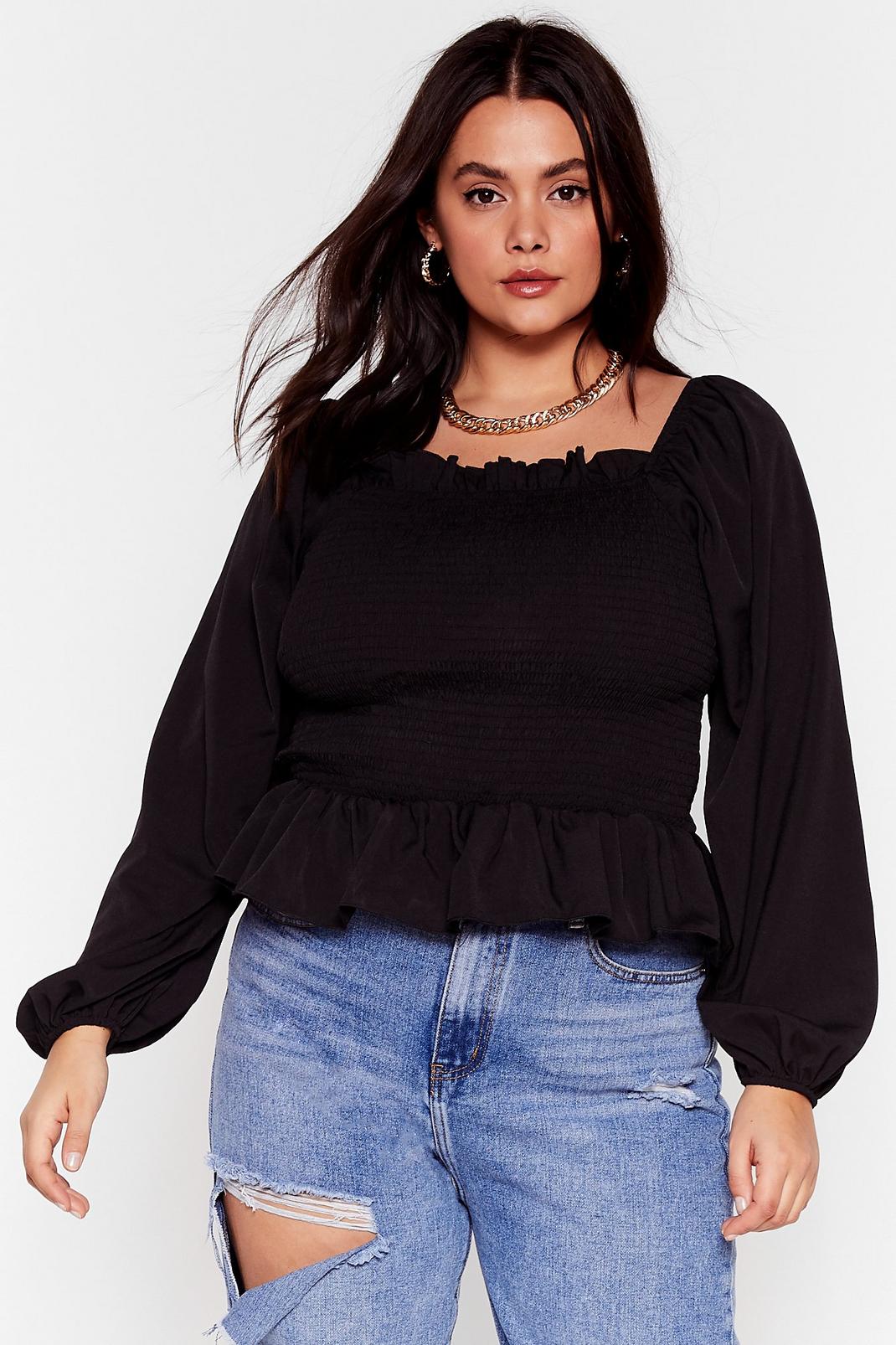 Black Plus Size Shirred Balloon Sleeve Top image number 1