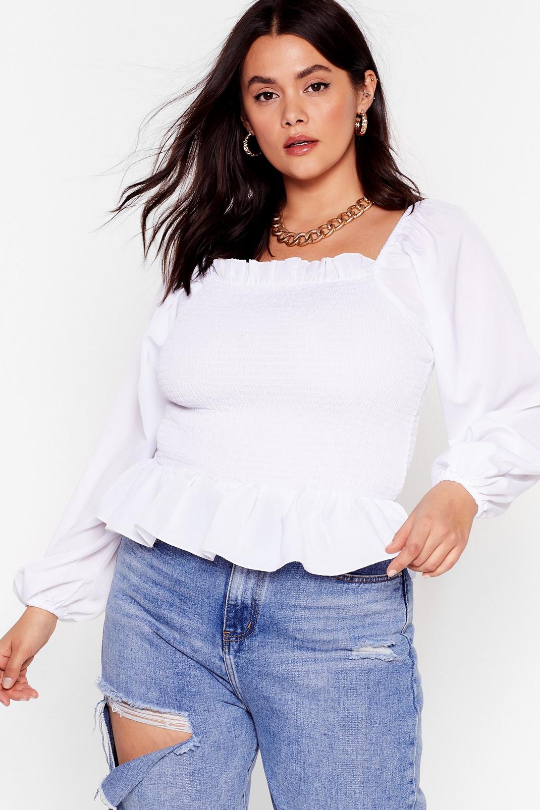 White Plus Size Shirred Balloon Sleeve Top image number 1