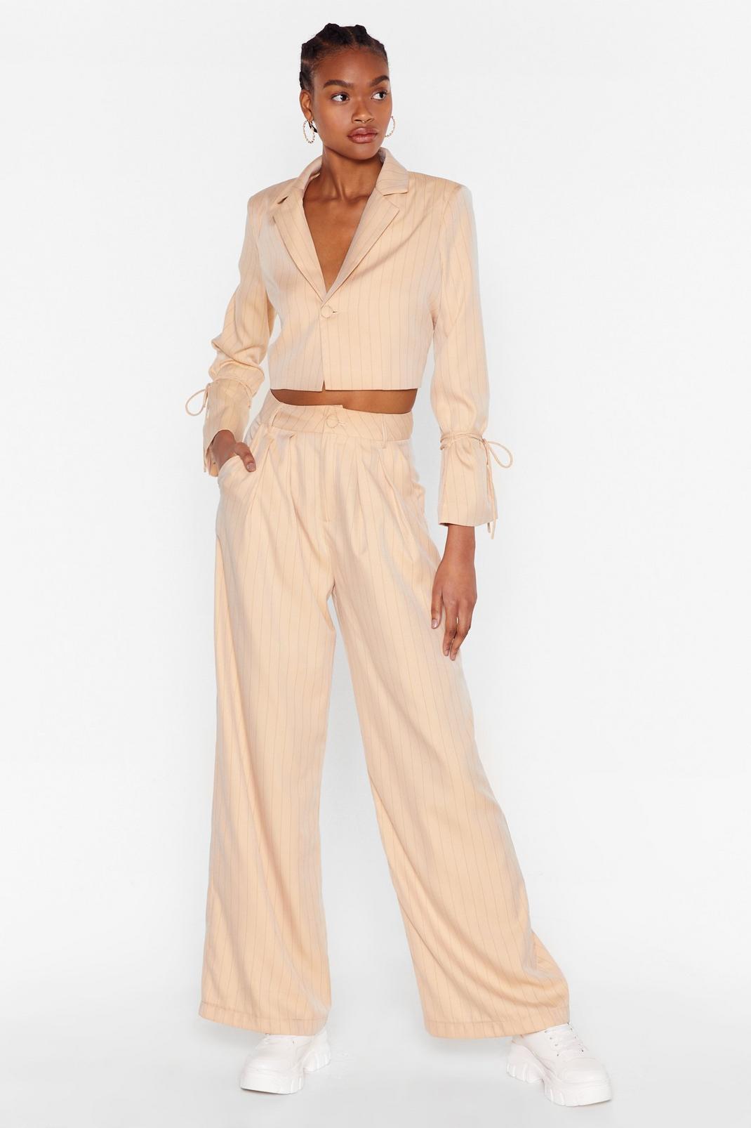 Beige Pinstripe Wide Leg Button Trousers image number 1