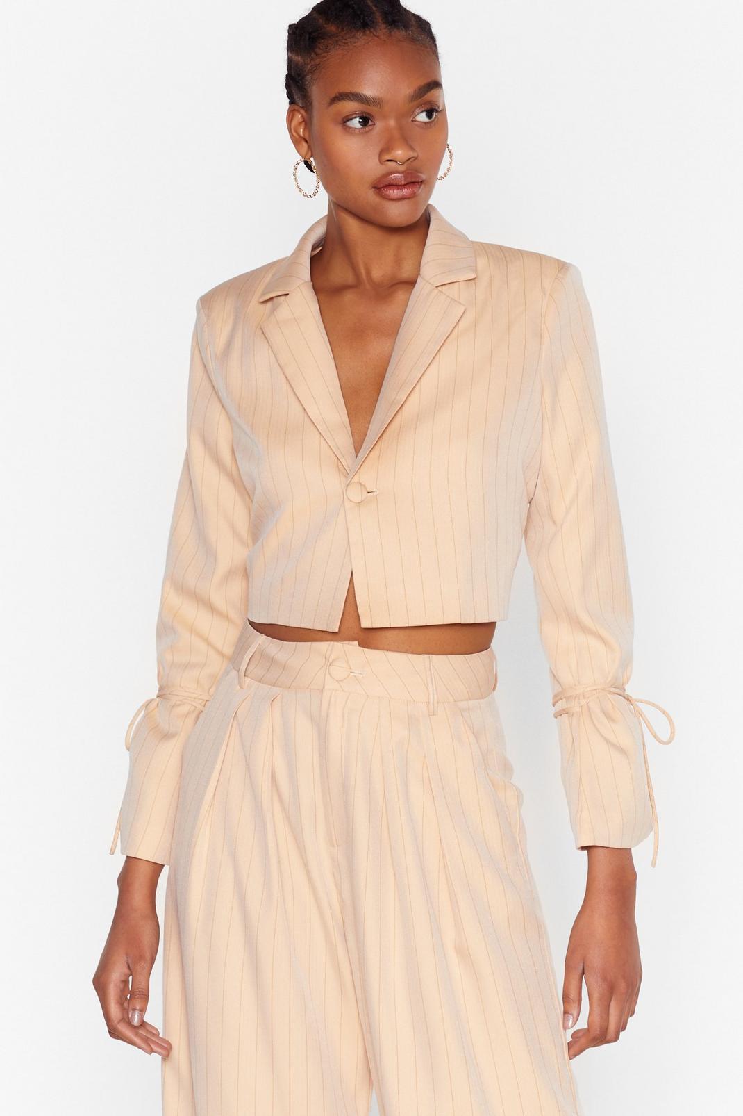 Beige Dressed to the Lines Cropped Pinstripe Blazer image number 1