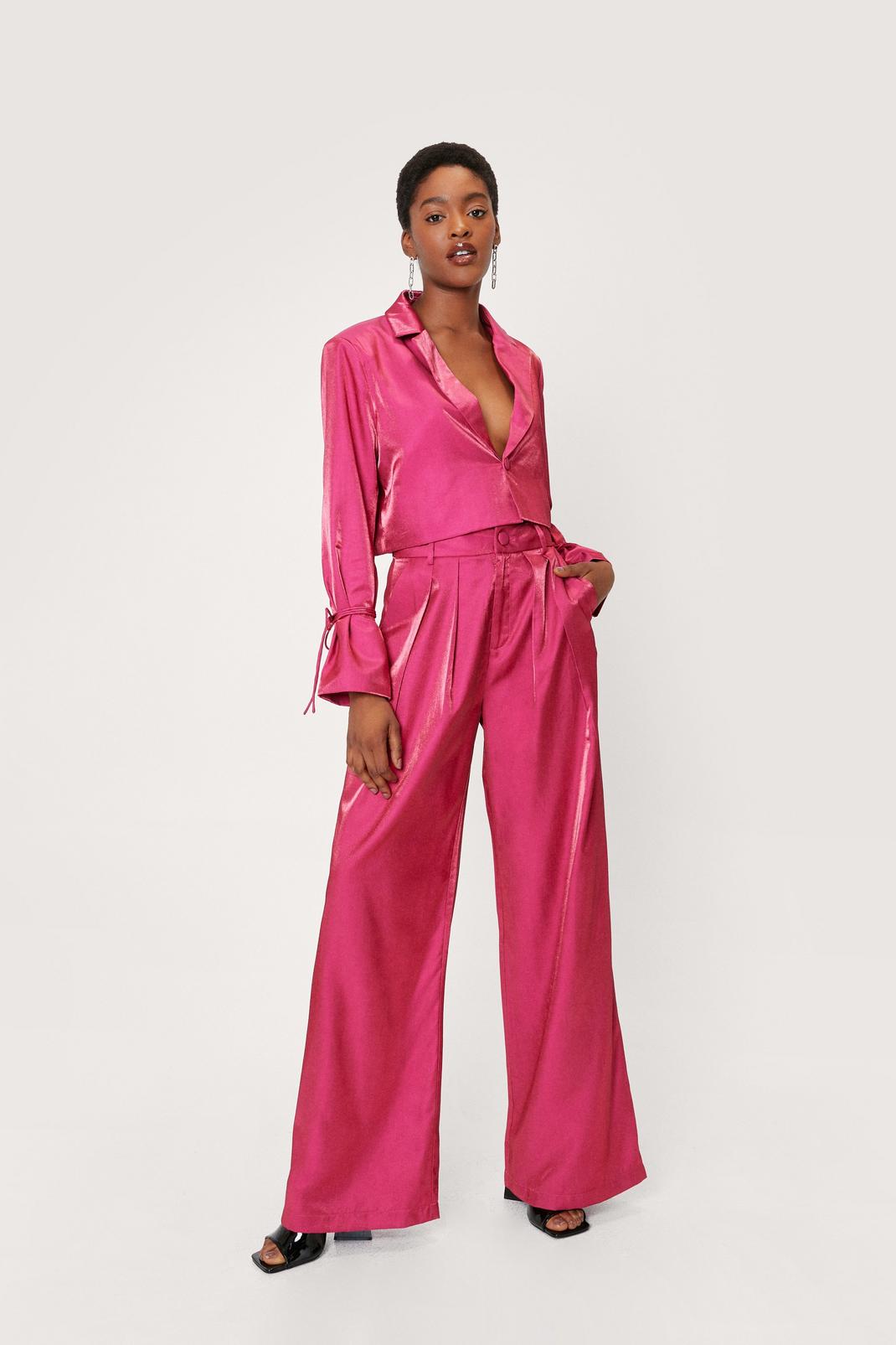 Hot pink Satin Shimmer High Waisted Wide Leg Trousers image number 1