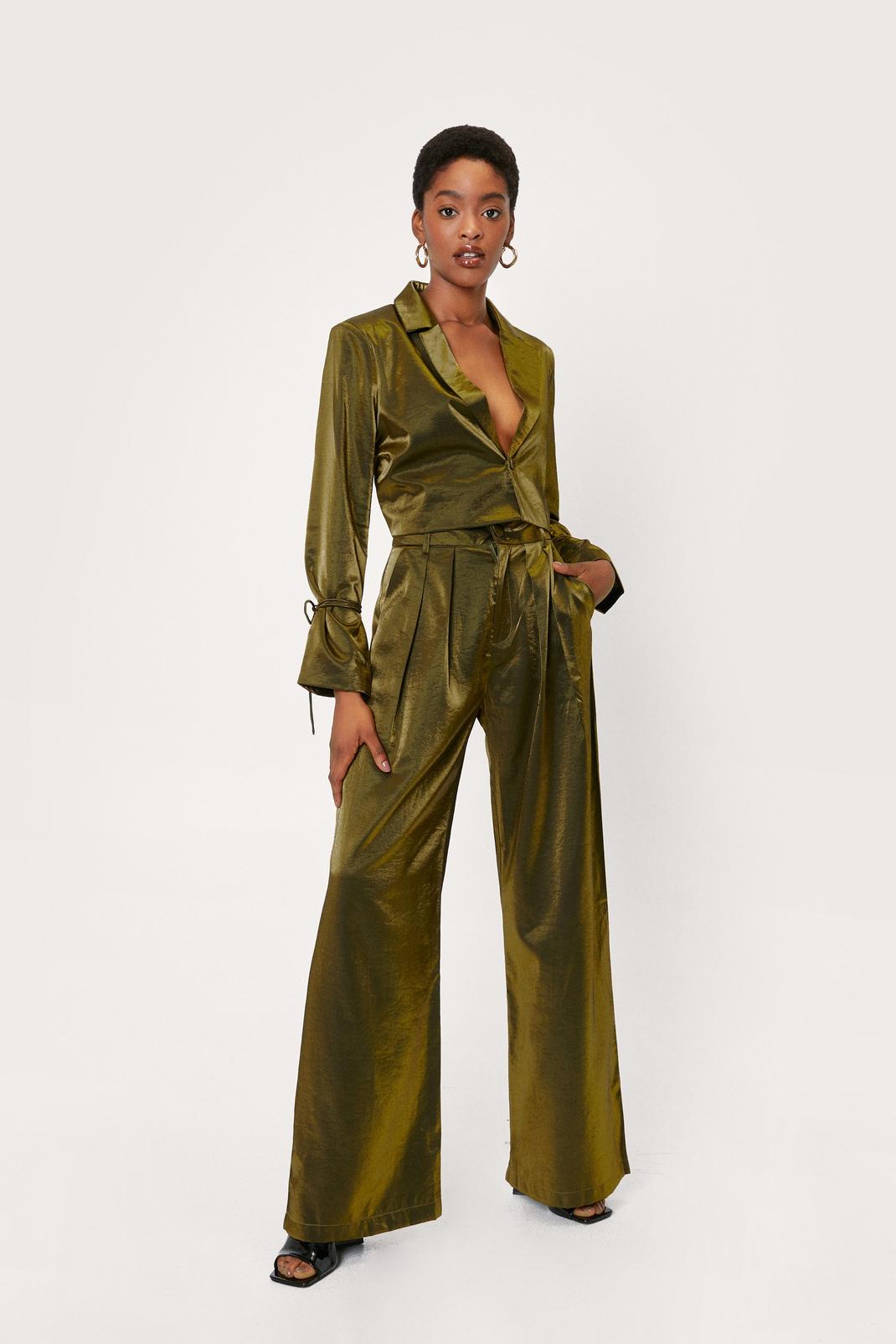 Olive Satin Shimmer High Waisted Wide Leg Trousers image number 1