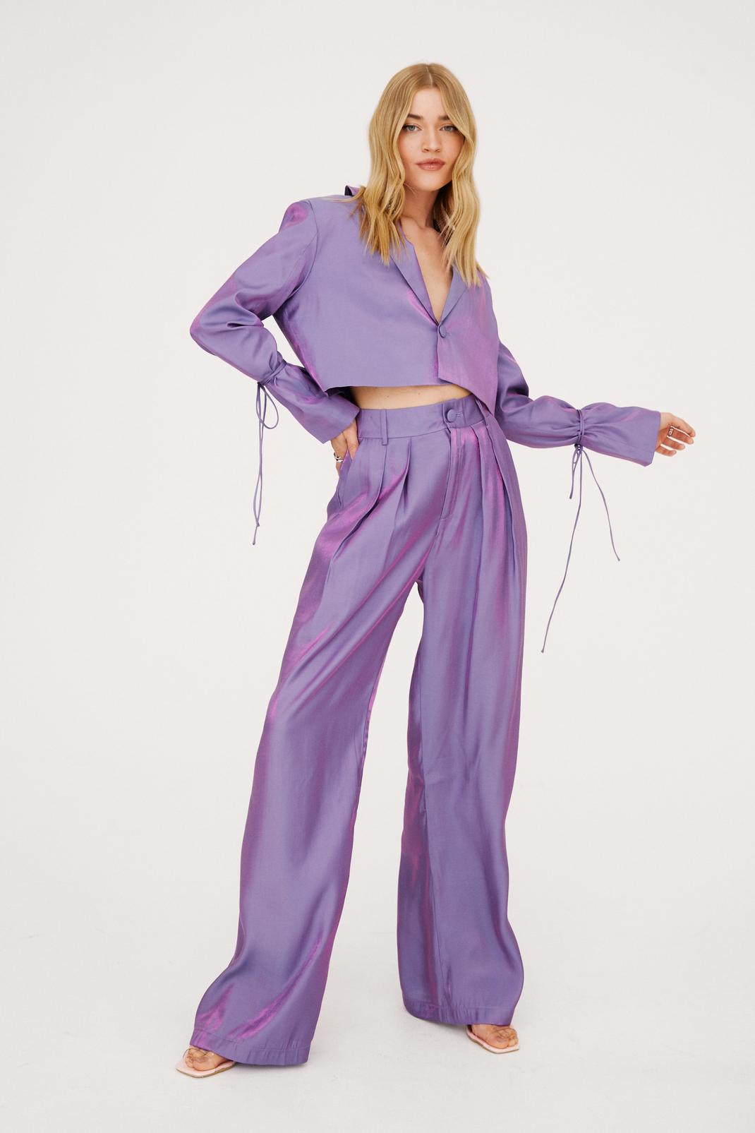 Purple Satin Shimmer High Waisted Wide Leg Trousers image number 1