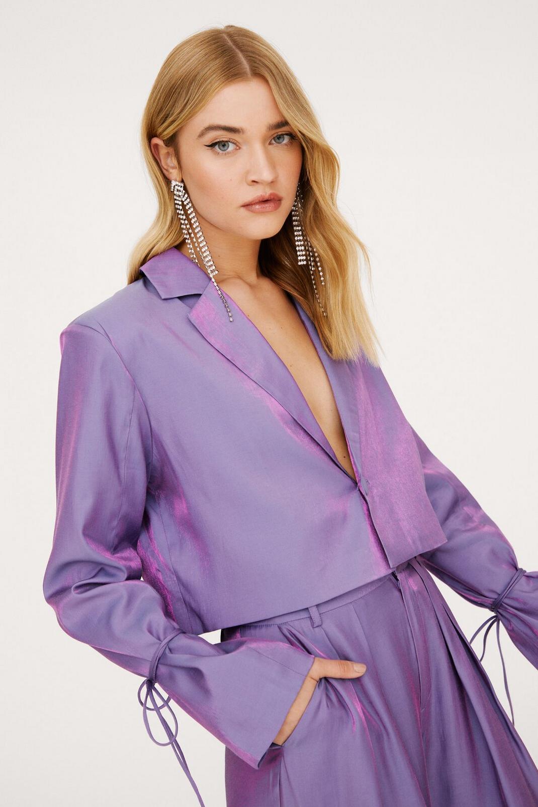 Purple Satin Shimmer Cropped Button Down Blazer image number 1