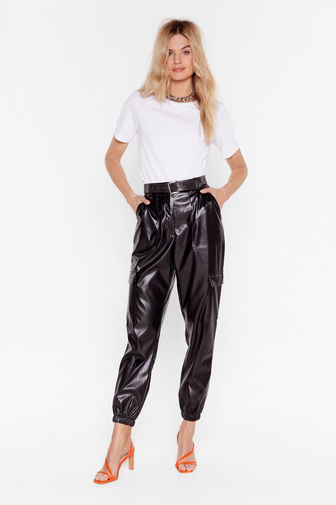 Black Faux Leather Too Old Utility High-Waisted Pants image number 1